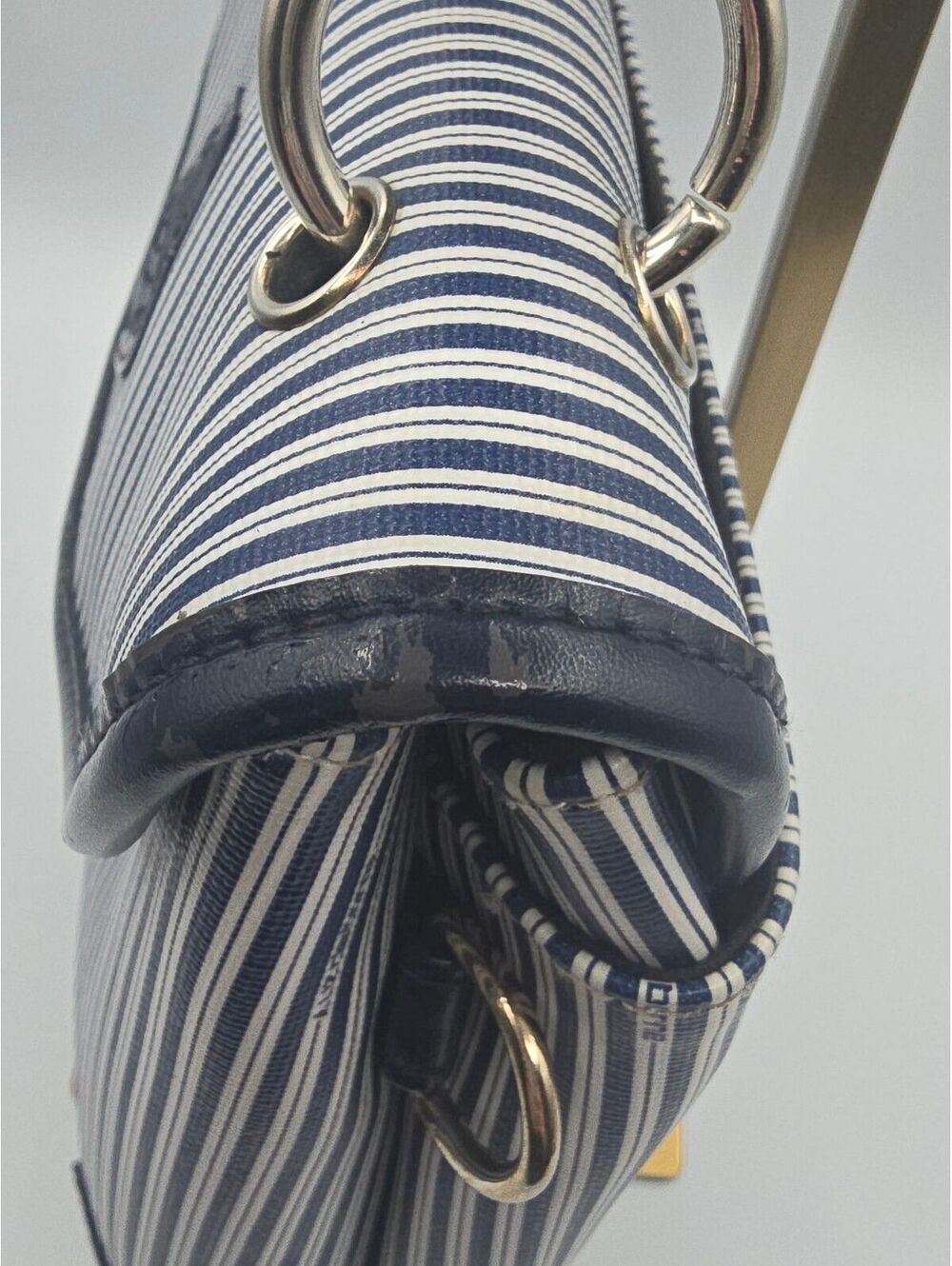 Vintage LIZ by Liz Claiborne Navy & White Striped Faux Leather Nautical Handbag - Picture 8 of 14